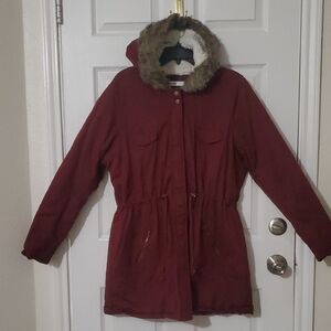 JustFab Maroon Hooded Puffer with Faux Fur